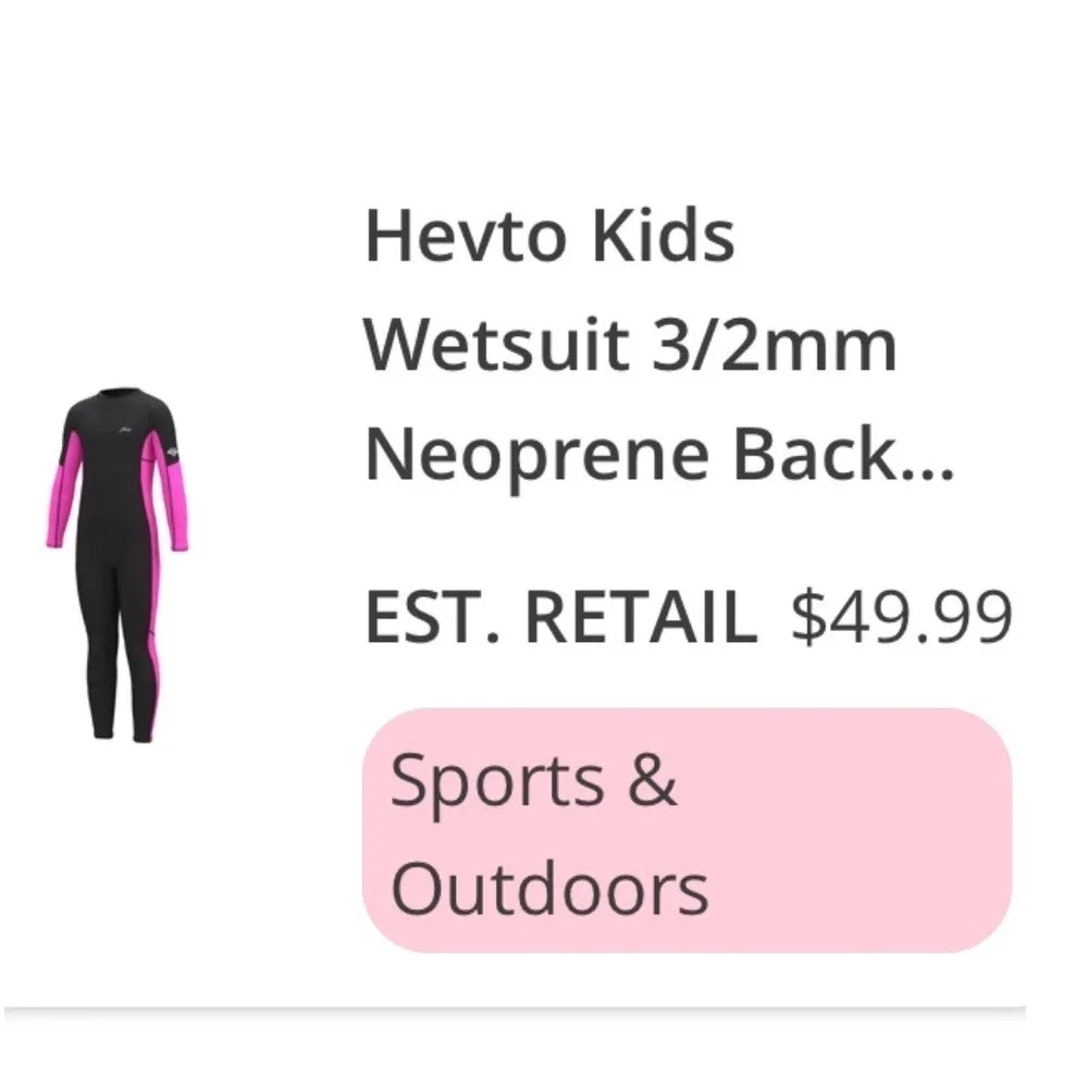Hevto Wetsuit Kids Size 12 Black Pink NEW 3/2mm Neoprene Back Zip Full Body